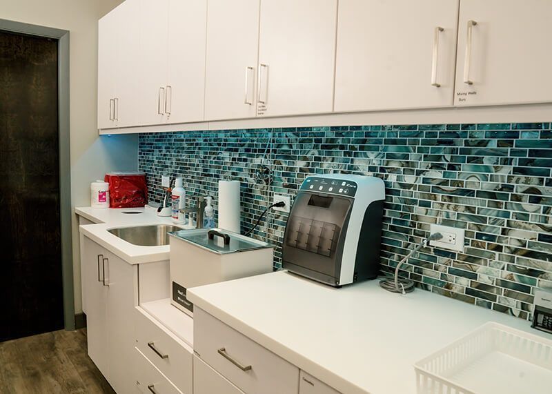 Complimentary beverage station in the Washington Dental Studio patient lounge